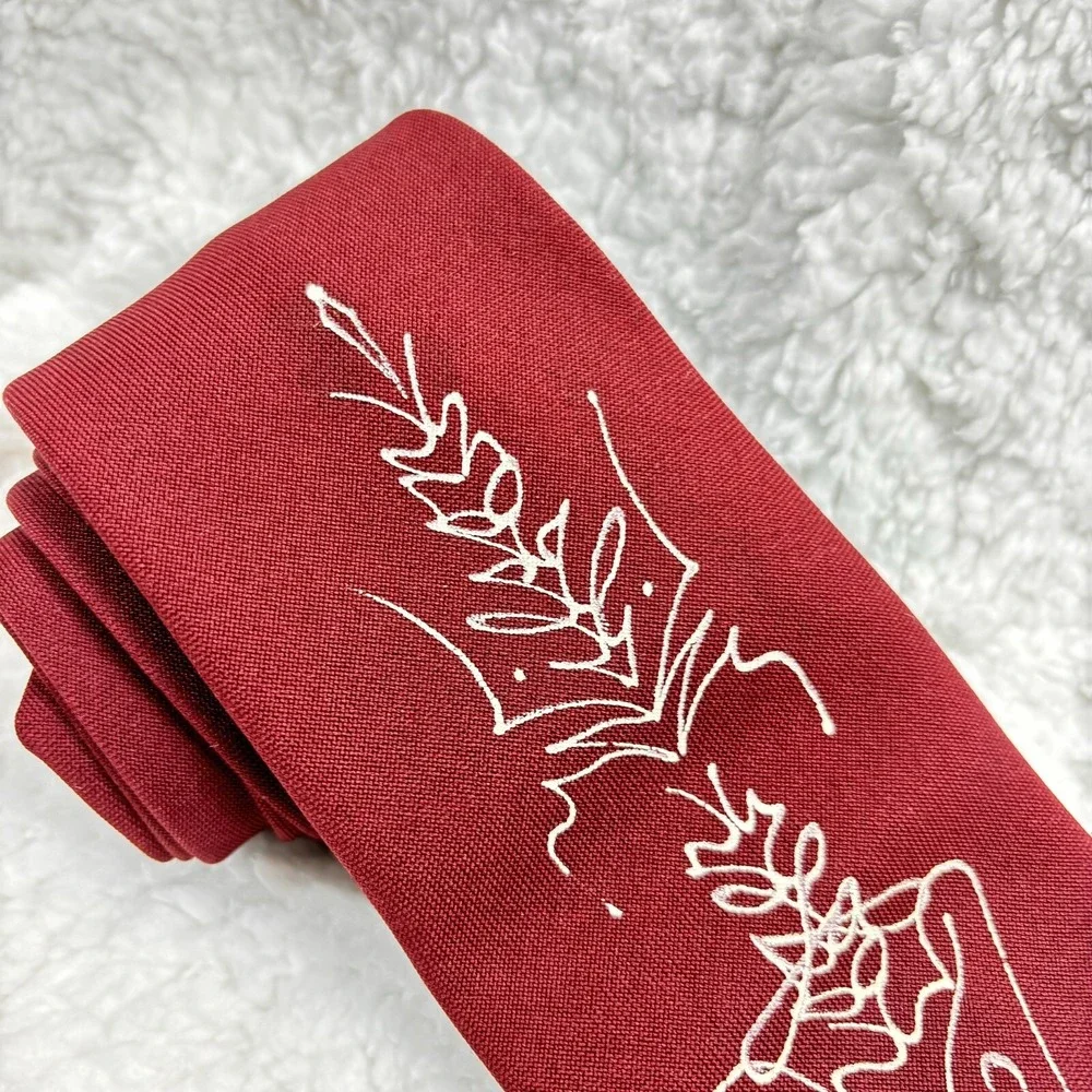 Vtg Mirrored Signature Necktie Burgundy Hand‎ Painted Script Poly 40s 50s 57x3